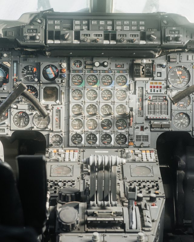 SINSHEIM, GERMANY - OCTOBER 16, 2018: Technik Museum. Professional instruments. Old analog cockpit of the plane. Inside near pilot seats