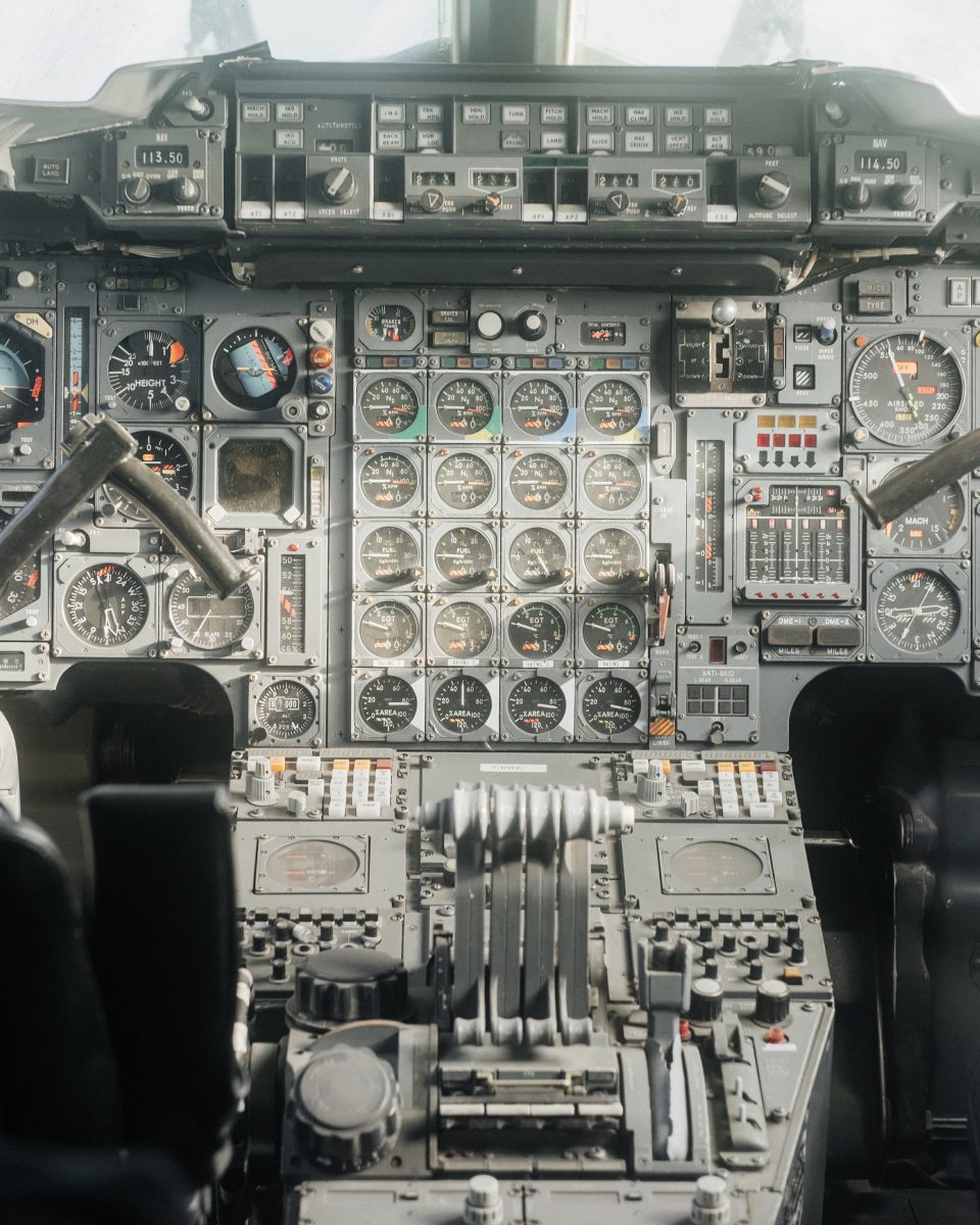 SINSHEIM, GERMANY - OCTOBER 16, 2018: Technik Museum. Professional instruments. Old analog cockpit of the plane. Inside near pilot seats
